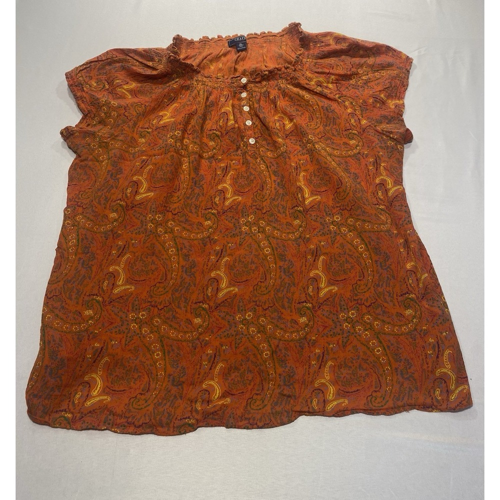 Chaps Denim Womens XL Orange Paisley Peasant Blouse Boho Cotton Flutter Sleeve